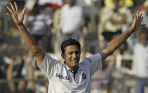 Indian team captain Anil Kumble celebrates after taking a wicket - AP Photo/Aijaz Rahi