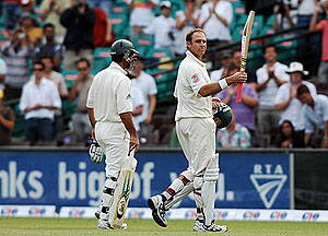Australia batsman Matthew Hayden, and his runner Ricky Ponting, leave the ground - AAP Image/Paul Miller
