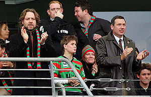Russell Crowe and Peter Holmes a Court celebrate a Souths victory. AAP Image/Action Photographics/Grant Trouville