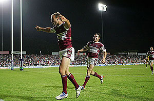 Brett Stewart celebrates after he scoring his 73rd try for Manly - AAP Image/Action Photographics, Grant Trouville
