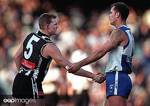 Nathan Buckley #5 for Collingwood and Wayne Carey #18 for the Kangaroos shake hands. Photo GSP Images/AFL/Jack Atley