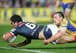 Braith Anasta scores a try during the NRL Rugby League Round 10 Eels v Roosters match at Parramatta Stadium in Sydney, Friday, May 16, 2008. The Roosters won the match 32-12. AAP Image/Action Photographics, Grant Trouville