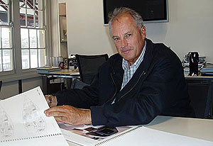 Veteran sailor and boat designer Iain Murray at work in his Sydney office on May 7, 2008. Murray, 50, a former America’s Cup designer and helmsman and winner of 10 individual world titles, will be the oldest Australian Olympic debutant in Beijing. AAP Image/John Coomber