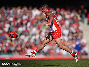 Jarred Moore of Sydney gets a kick away during the match Sydney Swans v Western Bulldogs. GSP Images