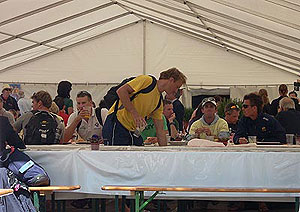 The athletes lunch tent at the Munich World Cup. (L-R: Sam Loch (back to camera), Sam Conrad, Jeremy Stevenson (standing), Marty Rabjohns – Cox (uncharacteristically eating), Stephen Stewart