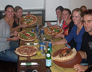 Team Pizza Night in Varese (L-R: Zoe Uphill, Amber Bradley (Women’s Quad), Sarah Heard, Kate Hornsey (Women’s Eight), Kerry Hore (Quad), Tom Laurich) - Photo courtesy of James Chapman