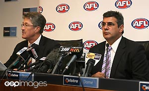 Mike Fitzpatrick and Andrew Demetriou address the media after an AFL commission meeting at Telstra Dome in Melbourne. GSP Images