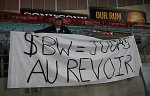 A fan protests Sonny Bill William\'s defection to French club Toulon during NRL Round 20, St George Illawarra Dragons v Cantebury Bulldogs at Sydney Olympic Stadium, Monday, July 28, 2008. AAP Image/Action Photographics/Colin Whelan