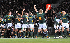 South Africa celebrate their 30-28 win over New Zealand - AP Photo/NZPA, Ross Setford
