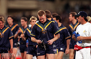 Nathan Buckley Australian team captain looks dejected after losing the first game of the International Rules match between Australia and Ireland at the Melbourne Cricket Ground in Melbourne on October 8, 1999. Slattery Image Group