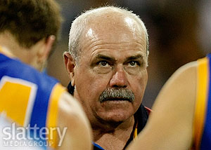 Brisbane Coach Leigh Matthews addresses his players during the AFL Round 16 match between the Brisbane Lions and the West Coast Eagles at the Gabba. Photo Slattery Media Group