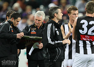 Collingwood\'s coach Mick Malthouse during the AFL Round 22 match between the Fremantle Dockers and the Collingwood Magpies at Subiaco. GSP Images