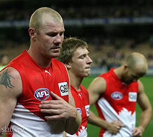 Barry Hall of Sydney look dejected after the AFL 2nd Semi Final between the Western Bulldogs and the Sydney Swans at the MCG. GSP Images