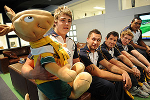 New Wallabies signings James O'Connor, Quade Cooper, coach Robbie Deans, David Pocock and Sekope Kepu at ARU headquaters, Sydney. (AAP Image/Dean Lewins)
