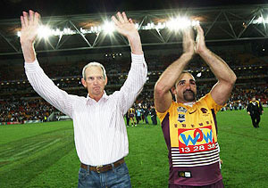 Wayne Bennett and Tonie Carroll after Round 26 against the Newcastle Knights at Suncorp Stadium. (AAP Image/Action Photographics, Colin Whelan)