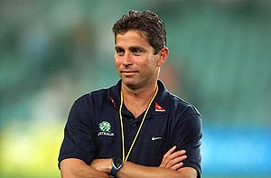 Sydney, June 29, 2005. FILE - Australia's Frank Farina after the confederations cup 2nd leg qualifier between Australia and the Solomon Islands in Sydney on October 12, 2004. Farina has stepped down as Australian soccer coach ending six years as head coach of the Socceroos. He will be replaced on an interim basis by national technical manager Ron Smith. AAP Image/Matthias Engesser