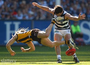 Jimmy Bartel of Geelong & Chance Bateman of Hawthorn in action during the 2008 Toyota AFL Grand Final between the Geelong Cats and the Hawthorn Hawks at the MCG. GSP images