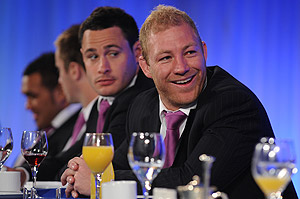 Melbourne Storm players Brett White (centre) and Michael Crocker (right) attend the NRL Grand Final breakfast in Sydney, Thursday, Oct. 2, 2008. Melbourne Storm will play against the Manly Sea Eagles in the Grand Final on Sunday. AAP Image/Paul Miller