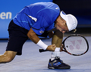 Australia's Lleyton Hewitt reacts to a point win as he plays Marcos Baghdatis of Cyprus in their third round Men's Singles match at the Australian Open tennis tournament in Melbourne, Australia, Saturday, Jan. 19, 2008. AP Photo/Dita Alangkara