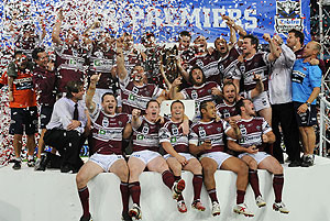 The Manly Sea Eagles celebrates their win over the Melbourne Storm in the NRL Grand Final