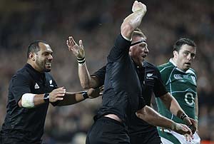  New Zealand, All Blacks Brad Thorn, right and John Afoa, left, react after Thorn scored a try against Ireland in the Rugby Union International at Croke Park, Dublin, Ireland, Saturday, Nov. 15, 2008. AP Photo/Peter Morrison