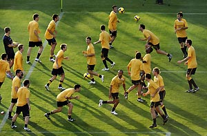 The Australian Socceroos during a training session in Brisbane, Monday, Oct. 13, 2008, ahead of their World Cup qualifier match against Qatar on Wednesday. AAP Image/Dave Hunt