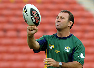 Australian rugby league team coach Ricky Stuart during the team's final training session at Suncorp Stadium in Brisbane, Thursday, April 19, 2007. The Kangaroos were today training ahead of their Anzac test against New Zealand tomorrow night. AAP Image/Dave Hunt