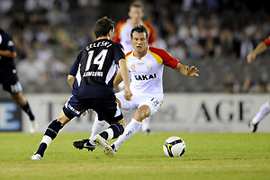 Billy Celeski (left) and Fabian Barbiero in action during Hyundai A-League replay match between Melbourne Victory v Adelaide United at Telstra Dome, Melbourne, Tuesday, Jan. 6, 2009. AAP Image/Raoul Wegat