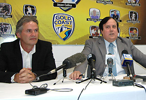 Gold Coast United club chairman Clive Palmer (right) and head coach Miron Bleiberg speak at a press conference at Skilled Park on the Gold Coast. AAP Image/Laine Clark