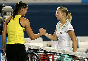 Russia's Dinara Safina shakes hands with Australia's Jelena Dokic after their quarterfinal match at the Australian Open Tennis tournament in Melbourne, Tuesday, Jan. 27, 2009. Safina won the match 6-4, 4-6, 6-4. AAP Image/Stuart Milligan
