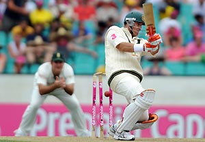 Australian batsman Matthew Hayden (right) is bowled by South Africa's Dale Steyn during the first innings on day one of their Third Test at the SCG in Sydney, Saturday, Jan. 3, 2009. AAP Image/Paul Miller