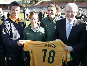 Australian soccer stars Harry Kewell, left, Collette McCallum 2nd left, Cheryl Salisbury, 2nd right, and Australia's Prime Minister Kevin Rudd in Sydney, Australia, Tuesday, May 20, 2008 hold a "Kevin 18" team jersey in reference to the counrtry's bid for the 2018 Soccer World Cup. AP Photo/Rob Griffith