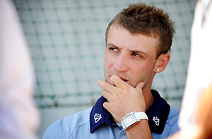 NSW opening batsman Phillip Hughes speaks at a press conference at the Sydney Cricket Ground in Sydney, Thursday, Feb. 5, 2009. Hughes is in line to make his Test debut for Australia later this month after being named in a 14-man squad for the tour of South Africa. AAP Image/Tracey Nearmy