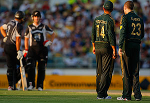 Australia's Ricky Ponting and Michael Clarke discuss tactics during the One Day International, Australia v New Zealand match at the WACA in Perth, Sunday Feb. 1, 2009. (AAP Image/Tony McDonough)