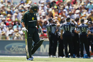 Australia's Ricky Ponting is run out for 5 during the One Day International, Australia v New Zealand match at the WACA in Perth, Sunday Feb. 1, 2009. AAP Image/Tony McDonough