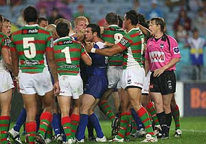 Michael Ennis in his usual position at the centre of a brawl during NRL Round 5, Bulldogs v Rabbitohs at Sydney Olympic Stadium, Monday, April 13, 2009. AAP Image/Action Photographics, Colin Whelan