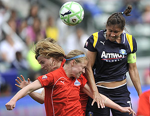 Los Angeles Sol's Shannon Boxx, right, attempts a header shot over Washington Freedom's Sonia Bompastor, left rear, and Becky Sauerbrunn, left front, during the first half of a Women's Professional Soccer soccer match, Sunday, March 29, 2009, in Carson, Calif. AP Photo/Gus Ruelas