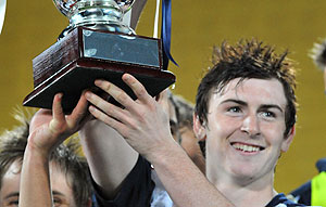 Melbourne Victory's Sebastian Ryall holds up the trophy after their penalty shoot out win over the Wellington Phoenix in the Hyundai football A-League pre season final at Westpac Stadium, Wellington, New Zealand, Wednesday, August 06, 2008. (AAP Images/NZPA, Ross Setford)