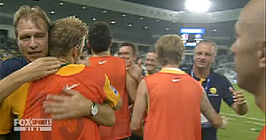 The Australian Socceroos celebrate after their World Cup qualifier soccer match against Qatar at the Al Sadd stadium, Doha, Qatar, Saturday June 6, 2009. The match ended in a 0-0 draw. 