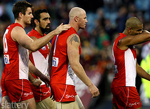 Darren Jolly, Adam Goodes, Barry Hall and Michael O’Loughlin of the Swans after the loss in the AFL Round 13 match between the Adelaide Crows and the Sydney Swans at AAMI Stadium. Slattery Images