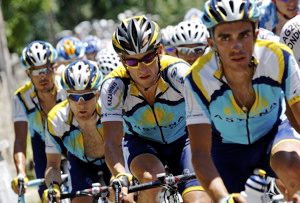 Astana teammates Andreas Kloden of Germany, American Levi Leipheimer, American seven-time Tour de France winner Lance Armstrong, and Alberto Contador of Spain, AP Photo/Christophe Ena)