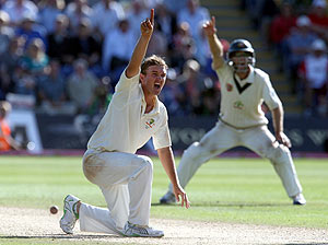 Australia's Nathan Hauritz appeals  for the wicket of England's Paul Collingwood during the final day of the first cricket test match between England and Australia in Cardiff, Wales, Sunday, July 12, 2009. AP Photo/Tom Hevezi