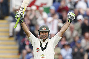 Australia's captain Ricky Ponting celebrates after reaching 100 on the second day of the first cricket test match between England and Australia in Cardiff, Wales, Thursday July 9, 2009. AP Photo/Jon Super