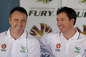 Former English premier league soccer player Robbie Fowler, right, pictured with the North Queensland coach Ian Ferguson at a news conference in Townsville, Australia, Sunday, March 15, 2009. Fowler will play for the North Queensland Fury in Australia's A League competition later this year. AP Photo/ Michael Chambers