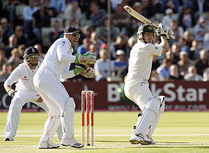 Australia's Shane Watson plays a shot off the bowling of England's Graeme Swann on the first day of the third cricket test match between England and Australia at Edgbaston cricket ground in Birmingham, England, Thursday, July 30, 2009. AP Photo/Kirsty Wigglesworth