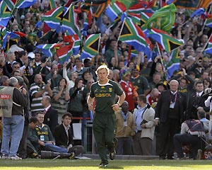 South Africa's Schalk Burger walks into the field for his 50th match ahead of the international rugby union match against the British lions at Loftus Versfeld stadium, Pretoria, South Africa, Saturday June 27, 2009. AP Photo/Martin Meissner