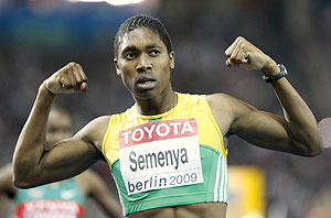 South Africa's Caster Semenya celebrates after winning the gold medal in the final of the Women's 800m during the World Athletics Championships in Berlin on Wednesday, Aug. 19, 2009. AP Photo/Anja Niedringhaus