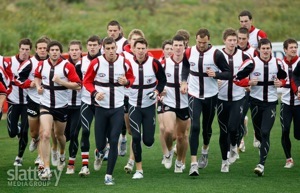 St Kilda players warm up during a St Kilda Saints training session at Linen House Oval in Melbourne.