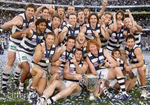 Geelong players celebrate their win after the 2009 Toyota AFL Grand Final between the St Kilda Saints and the Geelong Cats at the MCG.
