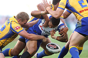 Ben Roberts drops the ball during the Parramatta Eels V Canterbury Bulldogs match. AAP Image/Action Photographics, Robb Cox